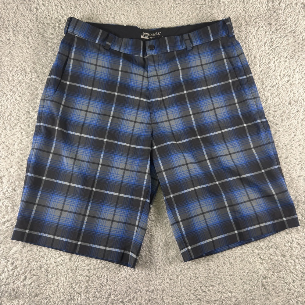 Nike Golf Dri-FIT Mens Blue Grey Plaid Flat Front‎ Shorts Size 36